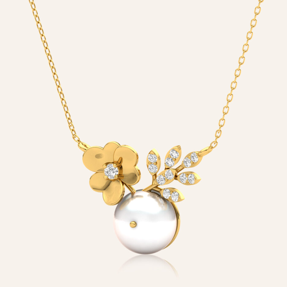 Floral Rush Pearl Pendant Necklace Yellow Gold